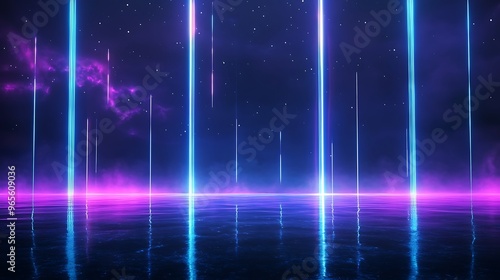 A stunning neon landscape featuring glowing vertical beams of light over a serene water surface, evoking a futuristic atmosphere. Stage for product presentation.