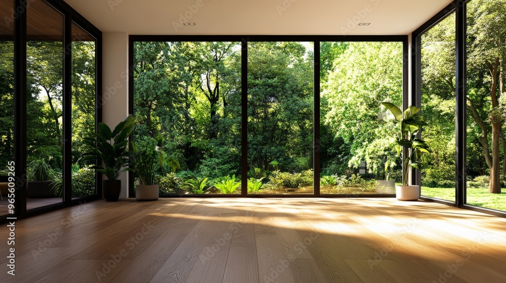 Modern living room with large glass windows offering a lush green forest view, featuring wooden flooring and potted plants. Modern living room with large glass windows offering a lush green forest view, featuring wooden flooring and potted plants.