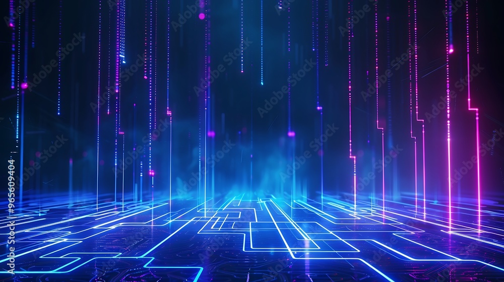 A vibrant, futuristic digital landscape with glowing lines and lights, representing advanced technology and innovation. Stage for product presentation. A vibrant, futuristic digital landscape with glowing lines and lights, representing advanced technology and innovation. Stage for product presentation.