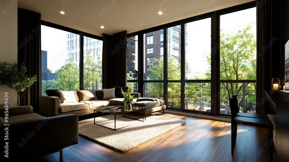 Fototapeta premium Modern living room with large windows offering a stunning city view, beautifully furnished with cozy seating and elegant decor.