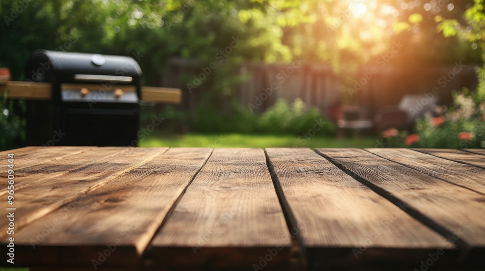 Obraz premium Wooden Table in a Backyard Garden Setting