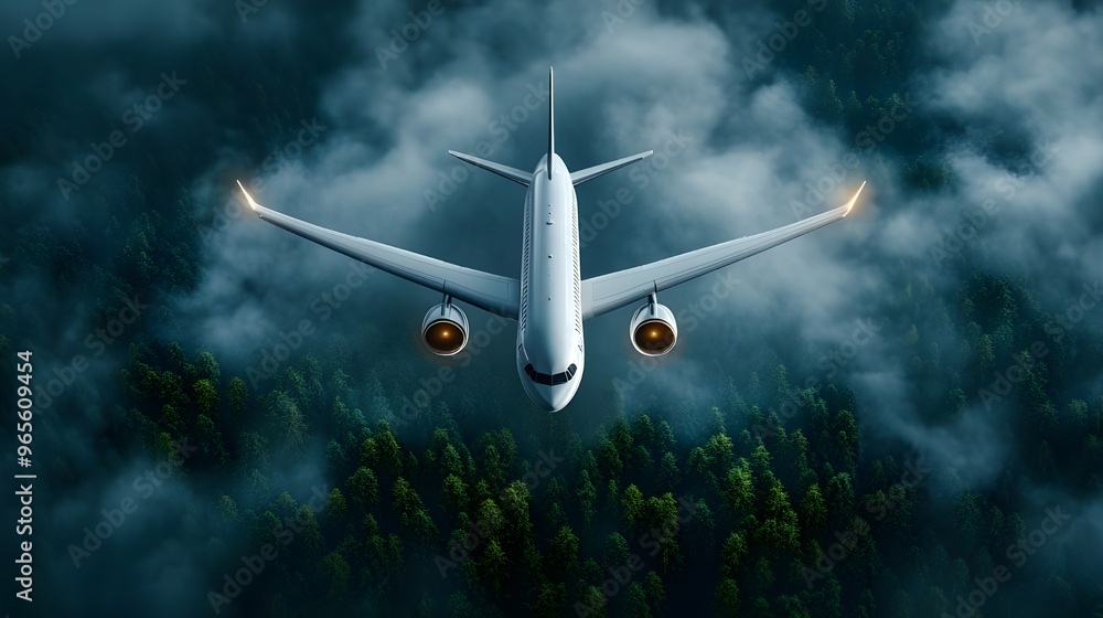 Fototapeta premium An environmentally sustainable biofuel concept of a white airplane flying over green trees, 