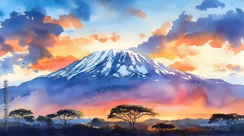 Majestic Kilimanjaro Volcano in Vibrant Watercolor Landscape of Tanzania