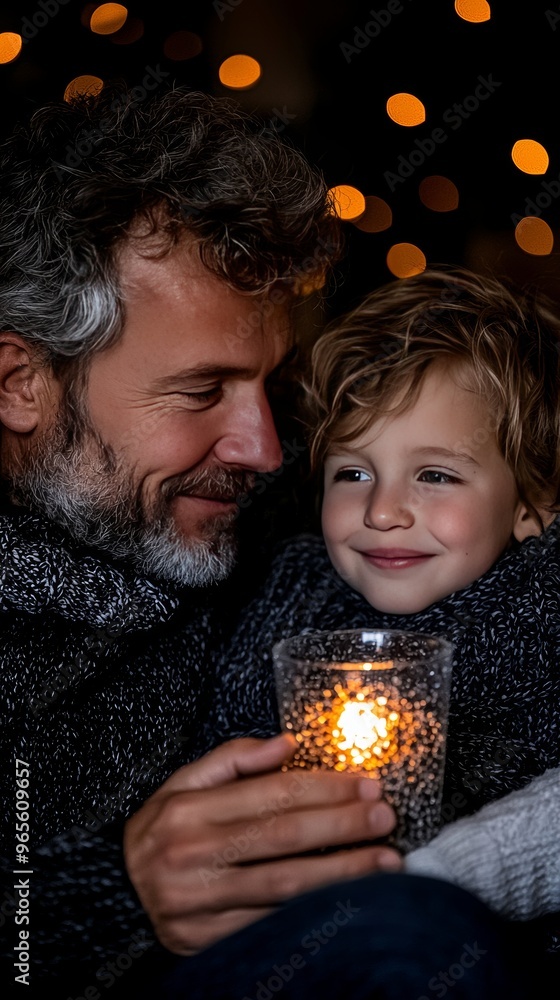 Father and Son Holding a Candle with Warm Lights Father and Son Holding a Candle with Warm Lights