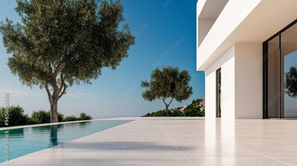 Modern luxury villa with infinity pool and beautiful landscaped garden against a clear blue sky. Peaceful and serene environment. Modern luxury villa with infinity pool and beautiful landscaped garden against a clear blue sky. Peaceful and serene environment.