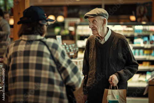 Elderly man talking to a store clerk in a shopping mall interior. Generative AI