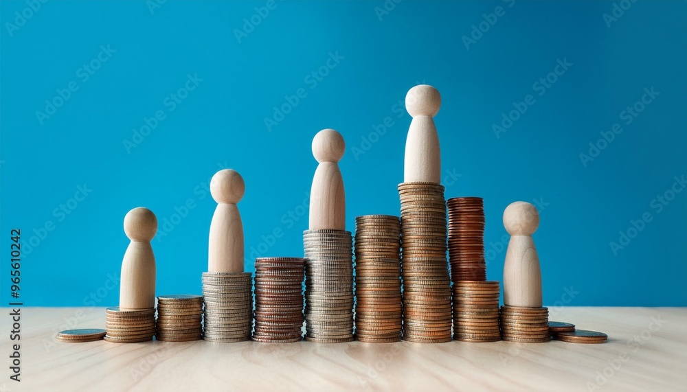 Economic Disparities: Coin Stacks and Wooden Figures on a Light Blue Background Economic Disparities: Coin Stacks and Wooden Figures on a Light Blue Background