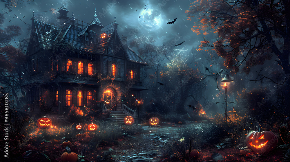 Spooky Halloween house with pumpkins glowing Spooky Halloween house with pumpkins glowing