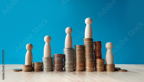 Economic Disparities: Coin Stacks and Wooden Figures on a Light Blue Background