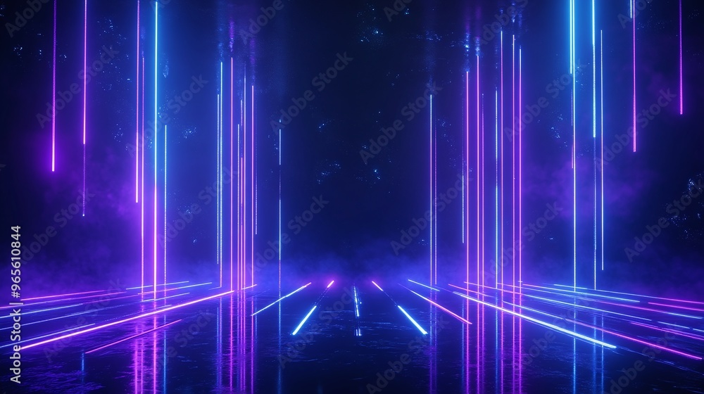 A vibrant digital background featuring neon beams of light in purple and blue, creating a futuristic atmosphere for design projects. Stage for product presentation. A vibrant digital background featuring neon beams of light in purple and blue, creating a futuristic atmosphere for design projects. Stage for product presentation.