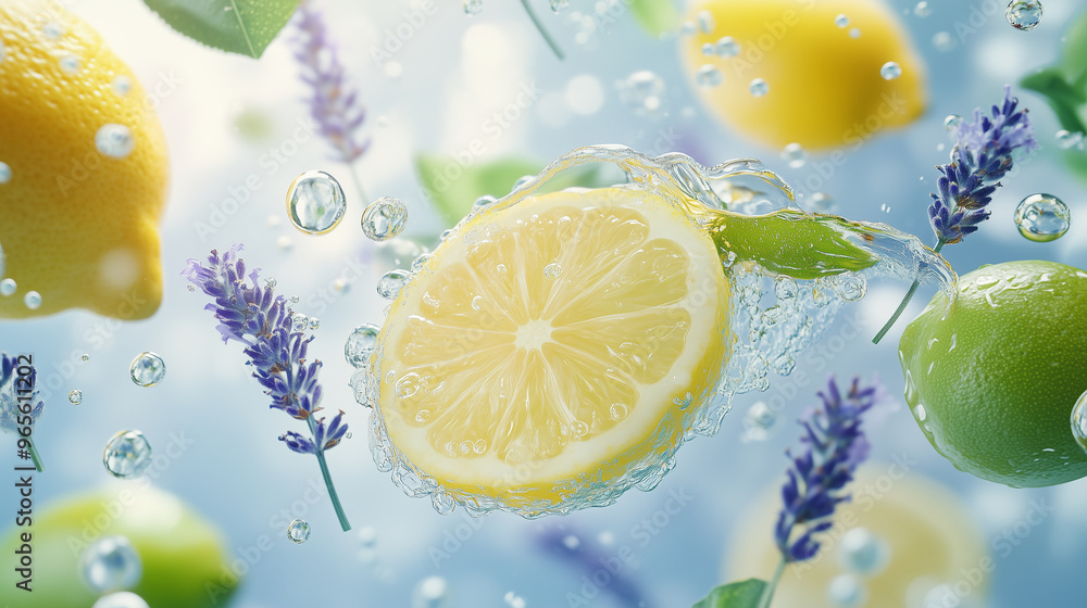 Refreshing lemons and limes floating in a lavender-infused water setting Refreshing lemons and limes floating in a lavender-infused water setting
