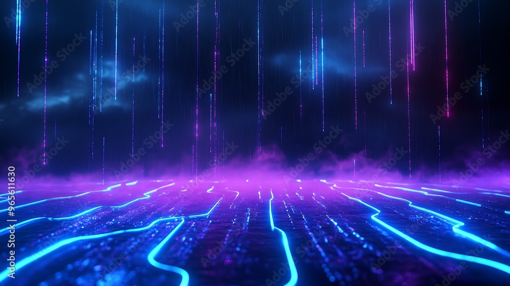 A vibrant digital landscape featuring glowing lines and colorful light trails, creating a futuristic and dynamic atmosphere. Stage for product presentation. A vibrant digital landscape featuring glowing lines and colorful light trails, creating a futuristic and dynamic atmosphere. Stage for product presentation.