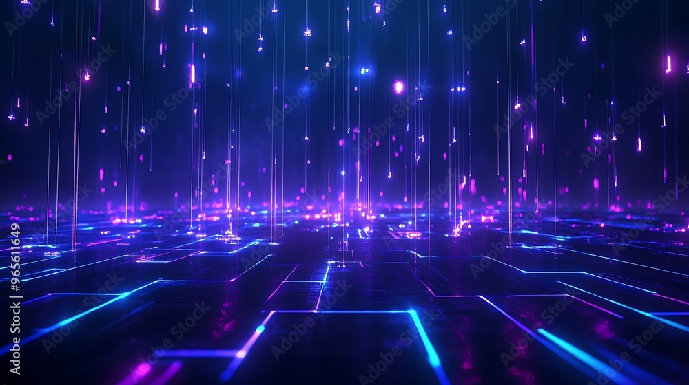 A vibrant digital landscape featuring glowing lines and colorful particles creating a futuristic atmosphere. Stage for product presentation. A vibrant digital landscape featuring glowing lines and colorful particles creating a futuristic atmosphere. Stage for product presentation.