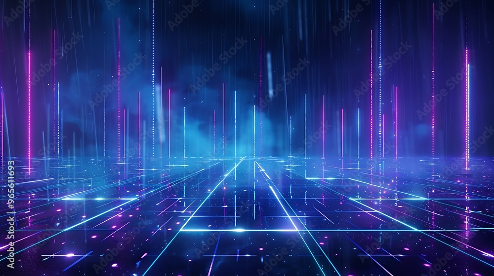 A vibrant digital landscape featuring glowing lines and colors, creating a futuristic and immersive atmosphere. Stage for product presentation. A vibrant digital landscape featuring glowing lines and colors, creating a futuristic and immersive atmosphere. Stage for product presentation.