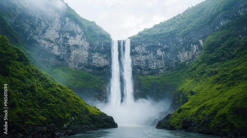 A waterfall cascading down a cliff surrounded by greenery, with mist rising from the water