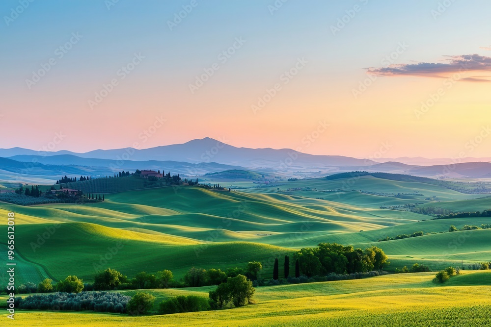 A wide shot of rolling hills and farmland at sunrise, with soft light illuminating the landscape A wide shot of rolling hills and farmland at sunrise, with soft light illuminating the landscape