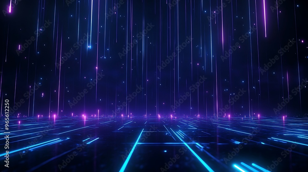 A vibrant digital landscape featuring glowing neon lines and particles, ideal for backgrounds and futuristic themes. Stage for product presentation. A vibrant digital landscape featuring glowing neon lines and particles, ideal for backgrounds and futuristic themes. Stage for product presentation.