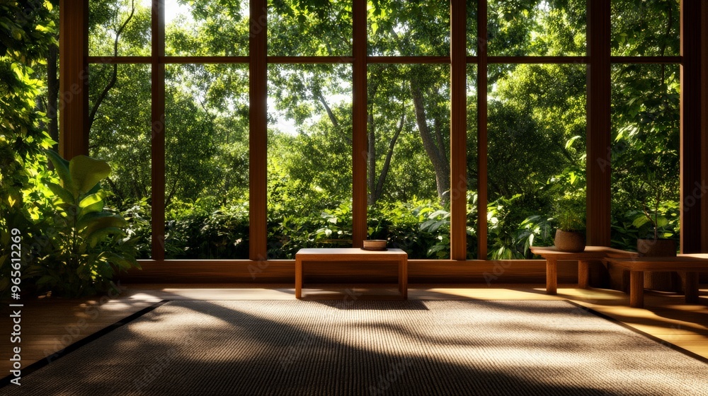 Peaceful meditation room with floor-to-ceiling windows surrounded by lush greenery, offering serene and tranquil ambiance. Peaceful meditation room with floor-to-ceiling windows surrounded by lush greenery, offering serene and tranquil ambiance.