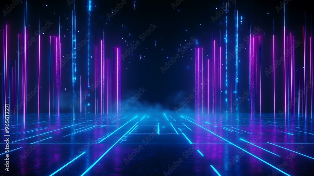 A vibrant digital landscape featuring glowing pink and blue lines against a dark background, perfect for futuristic themes. Stage for product presentation. A vibrant digital landscape featuring glowing pink and blue lines against a dark background, perfect for futuristic themes. Stage for product presentation.