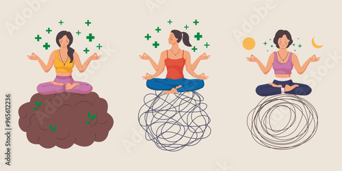 Collection of woman meditate with positive thoughts. Concept illustration for yoga, meditation, relax, recreation, healthy lifestyle. Vector illustration in flat cartoon style