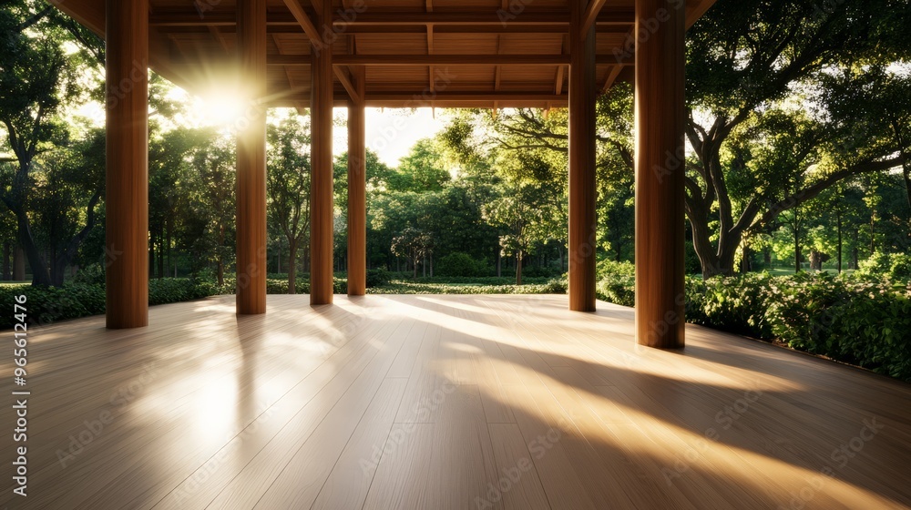 Peaceful wooden pavilion in a lush green park at sunset, featuring tall pillars and a sunlit tranquil atmosphere. Ideal for relaxation and meditation. Peaceful wooden pavilion in a lush green park at sunset, featuring tall pillars and a sunlit tranquil atmosphere. Ideal for relaxation and meditation.