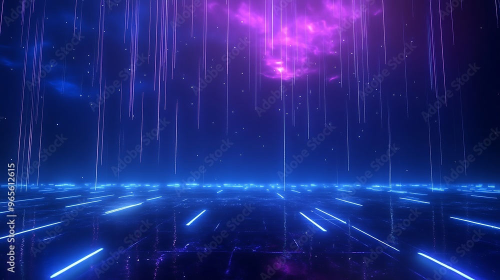 A vibrant digital landscape featuring neon lights, glowing lines, and an ethereal sky in shades of purple and blue. Stage for product presentation. A vibrant digital landscape featuring neon lights, glowing lines, and an ethereal sky in shades of purple and blue. Stage for product presentation.