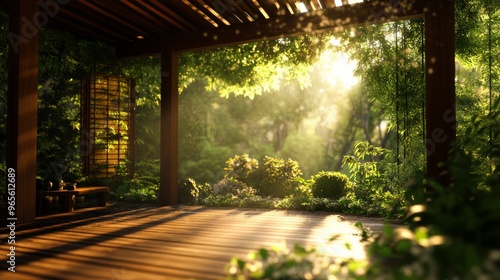 Scenic view from a peaceful, sunlit wooden terrace with lush green foliage, ideal for relaxing, meditating, and enjoying a serene natural setting.