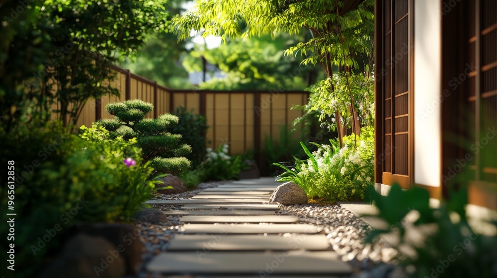 Serene Japanese garden path with lush green foliage, wooden fence, and sunlight filtering through. Perfect for peaceful, nature-themed visuals. Serene Japanese garden path with lush green foliage, wooden fence, and sunlight filtering through. Perfect for peaceful, nature-themed visuals.