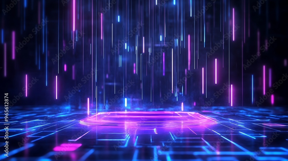 A vibrant digital landscape featuring neon lights and glowing lines, perfect for technology and futurism themes. Stage for product presentation. A vibrant digital landscape featuring neon lights and glowing lines, perfect for technology and futurism themes. Stage for product presentation.