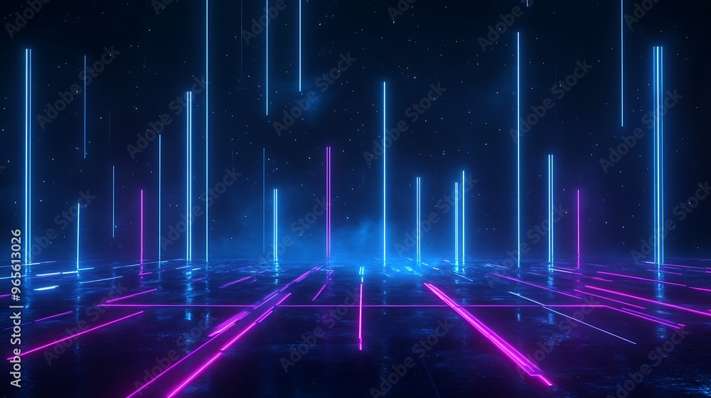 A vibrant digital landscape featuring neon lights in blue and pink, creating a futuristic and energetic atmosphere. Stage for product presentation.