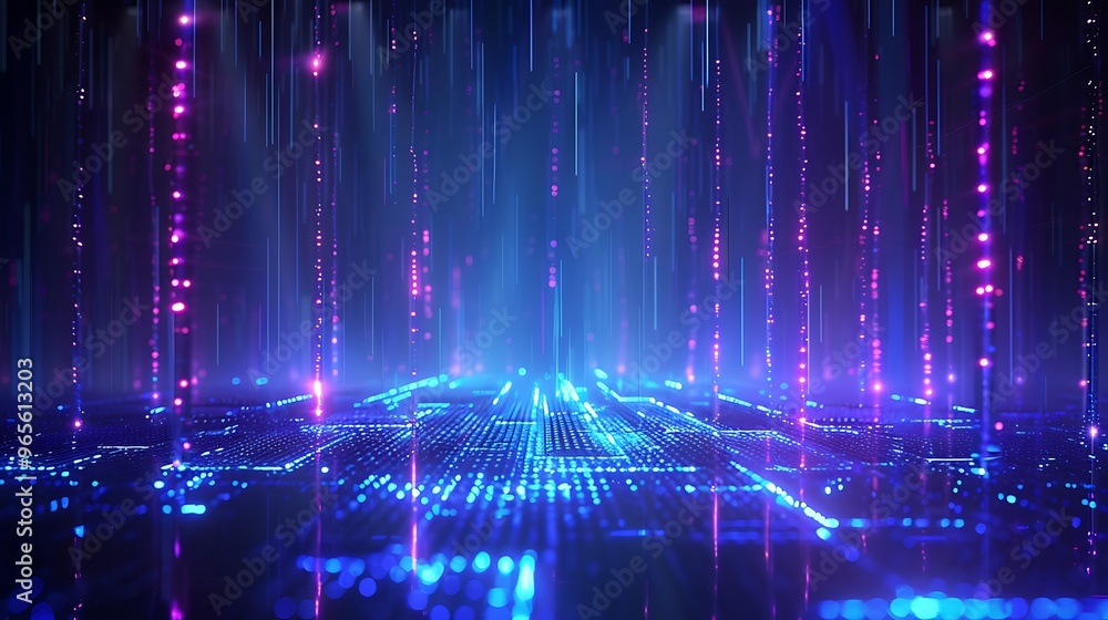 A vibrant digital landscape filled with glowing lights and dynamic patterns, representing technology and innovation in modern design. Stage for product presentation. A vibrant digital landscape filled with glowing lights and dynamic patterns, representing technology and innovation in modern design. Stage for product presentation.
