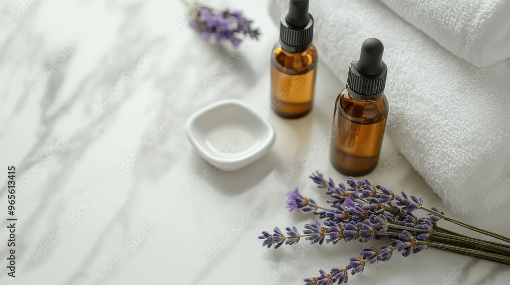 White marble background, spa setting with two essential oil bottles and some lavender flowers . white towels White marble background, spa setting with two essential oil bottles and some lavender flowers . white towels