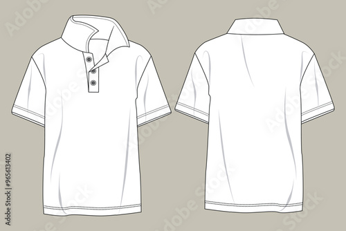 Mockup Polo Shirt technical fashion, Mockup T-Shirt fashion flat technical drawing template, short sleeve, polo collar, front and back view.eps