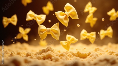 Farfalle pasta flying above flour in a warm, softly lit scene