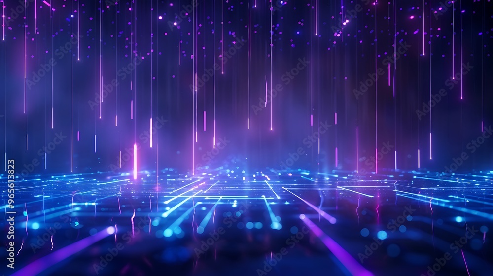 A vibrant digital landscape with colorful light beams and a glowing grid, creating a futuristic atmosphere for technology themes. Stage for product presentation. A vibrant digital landscape with colorful light beams and a glowing grid, creating a futuristic atmosphere for technology themes. Stage for product presentation.