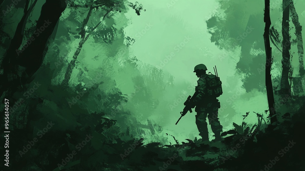 Lone soldier poised in shadowy forest ambush Lone soldier poised in shadowy forest ambush