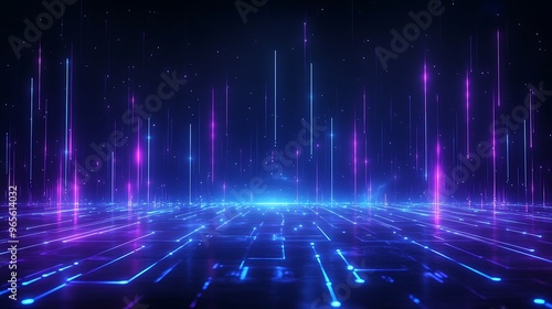 A vibrant digital landscape with glowing lines and abstract patterns, perfect for technology and futuristic themes. Stage for product presentation.