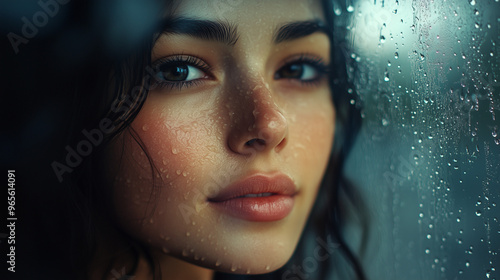 Melancholic Portrait Of Woman Behind Rain-Soaked Window With Bokeh Lighting