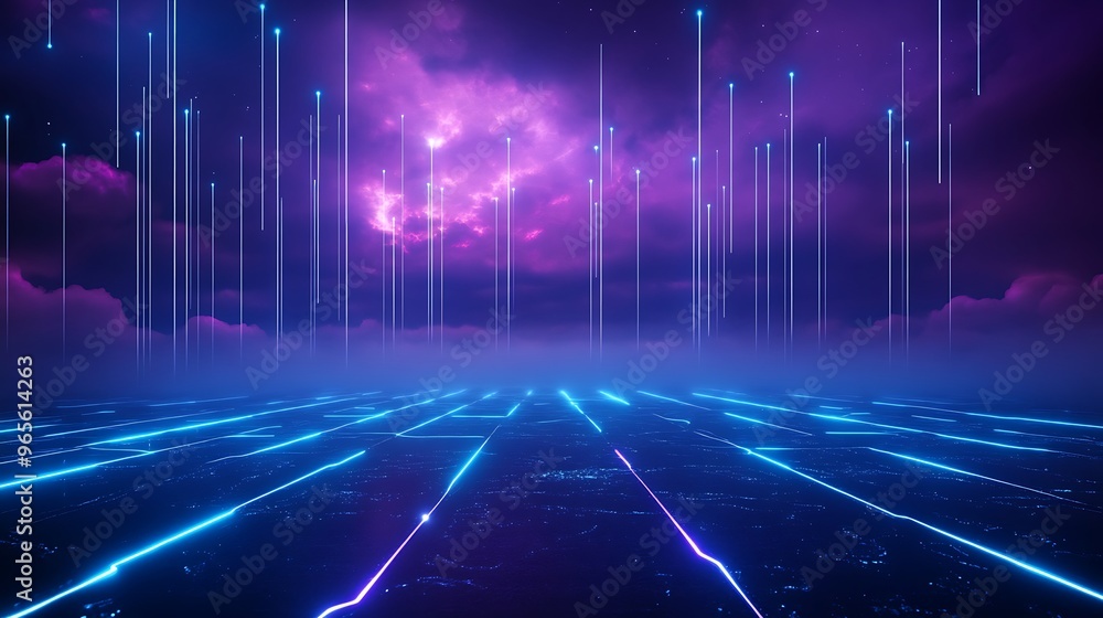 A vibrant digital landscape with glowing lines and ethereal clouds, creating a futuristic and surreal atmosphere. Stage for product presentation. A vibrant digital landscape with glowing lines and ethereal clouds, creating a futuristic and surreal atmosphere. Stage for product presentation.