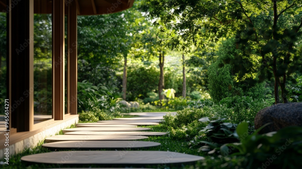 Serene garden pathway with lush greenery and sunlight filtering through the trees for a peaceful and calming environment. Serene garden pathway with lush greenery and sunlight filtering through the trees for a peaceful and calming environment.