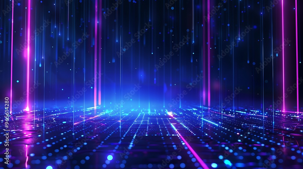 A vibrant digital landscape with glowing lines and reflections, creating a futuristic and abstract atmosphere. Stage for product presentation. A vibrant digital landscape with glowing lines and reflections, creating a futuristic and abstract atmosphere. Stage for product presentation.