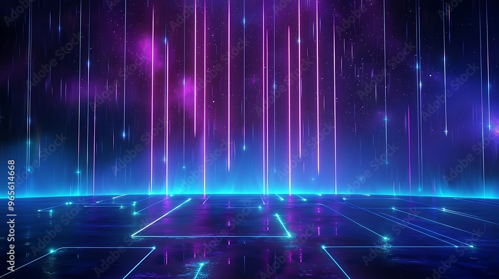 A vibrant digital landscape with neon colors streaming from above, creating a futuristic atmosphere for creative projects. Stage for product presentation. A vibrant digital landscape with neon colors streaming from above, creating a futuristic atmosphere for creative projects. Stage for product presentation.