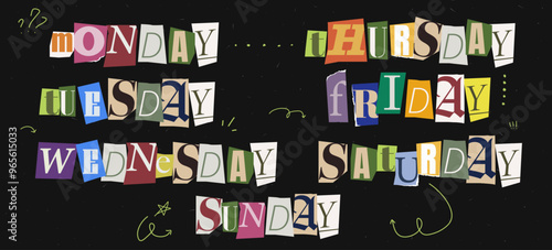 Set of week days for scrapbooking. Cut out paper week days. Vintage magazine elements for to do list. Funky words. Vector grunge illustrations.