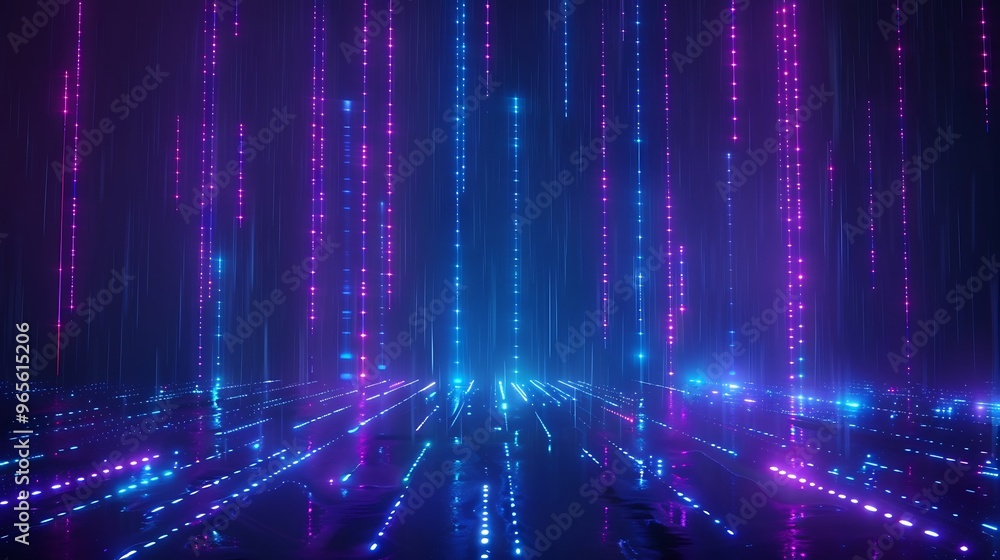 A vibrant display of colorful lights creating a futuristic digital atmosphere with blue and pink tones. Stage for product presentation. A vibrant display of colorful lights creating a futuristic digital atmosphere with blue and pink tones. Stage for product presentation.