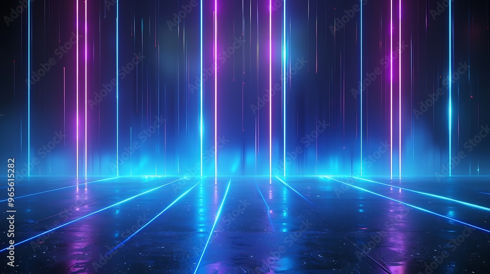 A vibrant display of neon lights and colors, creating a futuristic atmosphere with glowing vertical beams and reflections. Stage for product presentation. A vibrant display of neon lights and colors, creating a futuristic atmosphere with glowing vertical beams and reflections. Stage for product presentation.