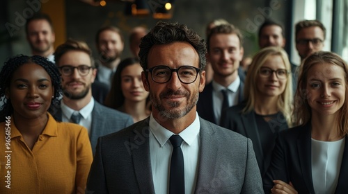 Group face portrait of happy formal corporate business people standing proud together in their workspace. A crowd of proud, professional and diverse employee team smiling looking at the, Generative AI