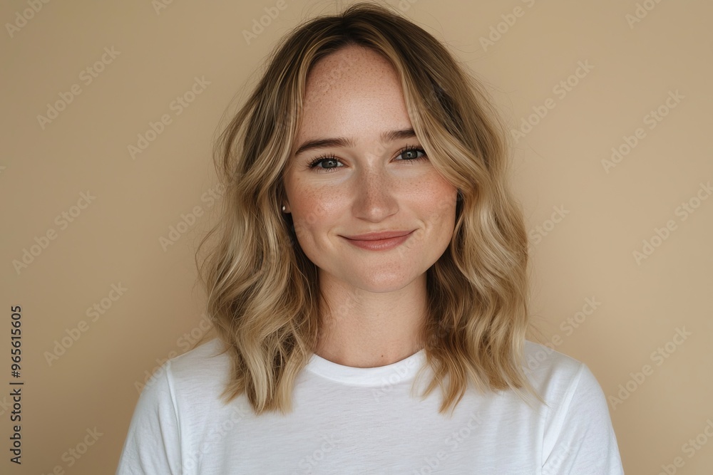 Isolated pastel color wall background with charming blonde hair girl woman smiling white teeth Isolated pastel color wall background with charming blonde hair girl woman smiling white teeth