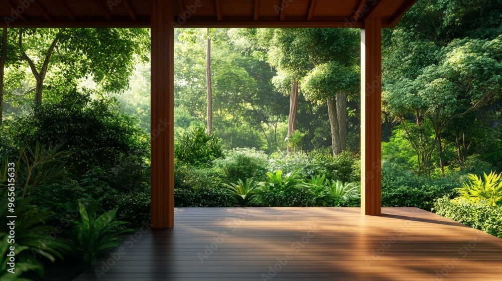 Serene view from a wooden deck of a lush, green backyard garden surrounded by tall trees on a sunny day. Serene view from a wooden deck of a lush, green backyard garden surrounded by tall trees on a sunny day.