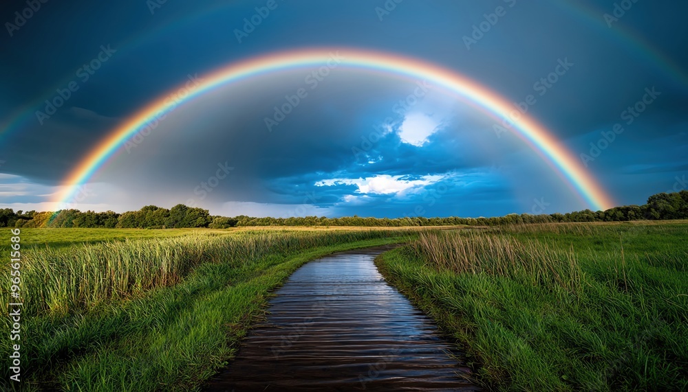 Naklejka premium Bright rainbow over a rural landscape after a rainstorm, colorful weather, hope and renewal