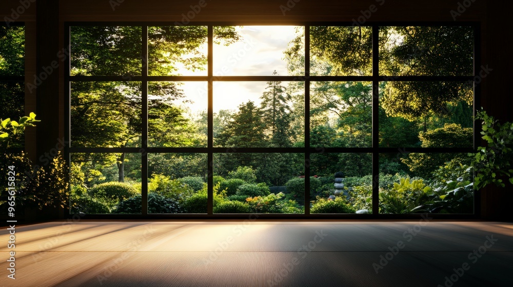 Serene view of a lush green garden through large windows, with sunlight streaming in, creating a peaceful and calming interior ambiance. Serene view of a lush green garden through large windows, with sunlight streaming in, creating a peaceful and calming interior ambiance.